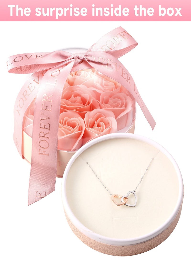 قلادة من الفضة الإسترلينية S925 على شكل قلب مزدوج مع صندوق هدايا مزين بزهور محفوظة، الهدية المثالية لزوجتك أو والدتك في ذكرى الزواج أو عيد الأم أو أعياد الميلاد. - Image 2